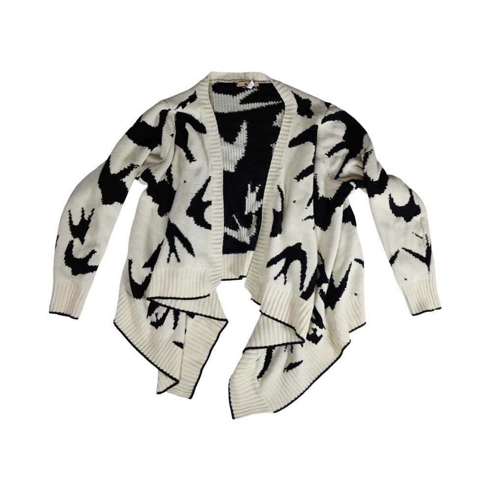 36 Point 5 Women Black White Bird Print Open Front Waterfall Cardigan One Size